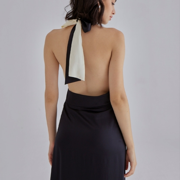 Silk Maison Piano Halter Maxi 100% Mulberry Silk Slip Dress Black/White NWT - Picture 6 of 11